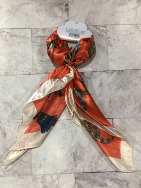 Orange Patterned Satin Hair Scarf Tie with Cream Trim